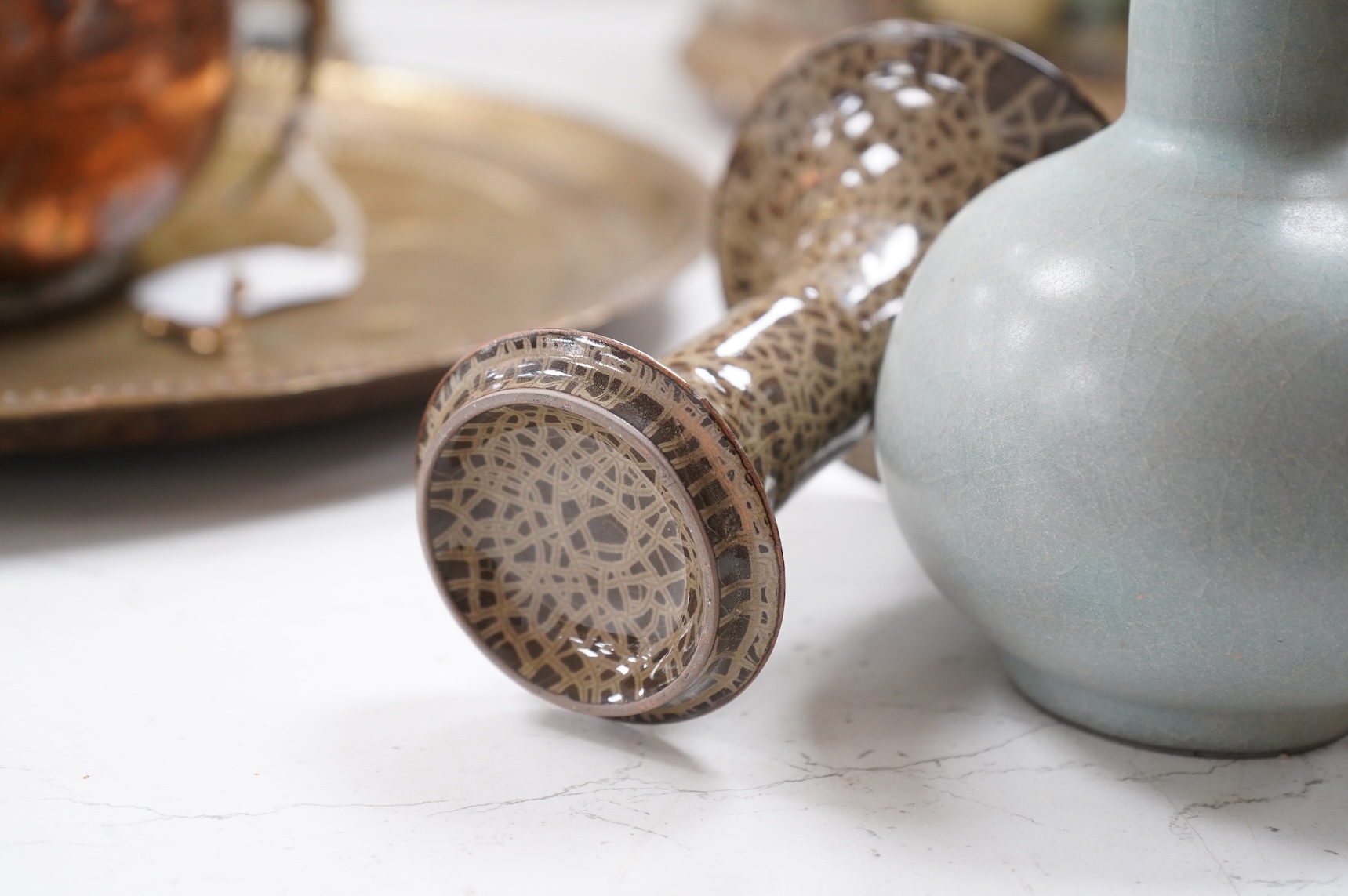 A Chinese crackle glaze bottle vase and a Gu vase, largest 19cm high